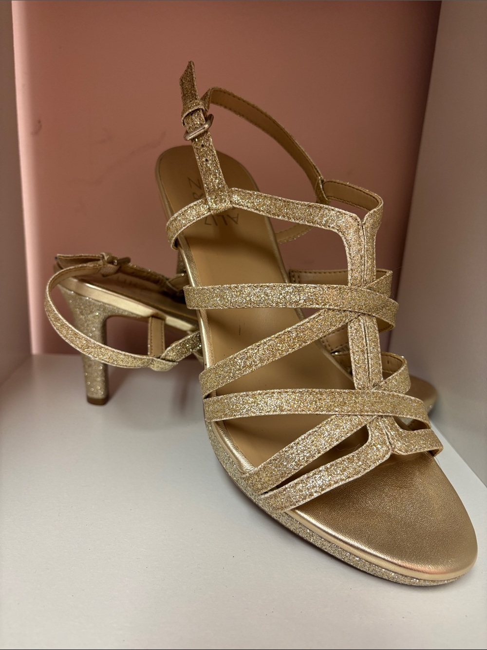 Naturalizer Gold Glitter Strappy Mid Heel Sandals